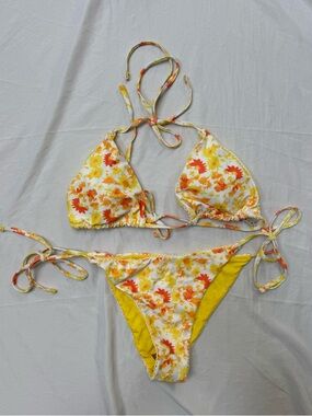 Floral Tie-Side Triangle Bikini - Yellow & Orange